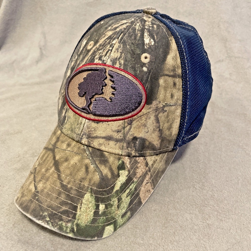 Mossy Oak Mens Small Medium Trucker Hat Blue Camo Stretch Fit Mesh Back Cap